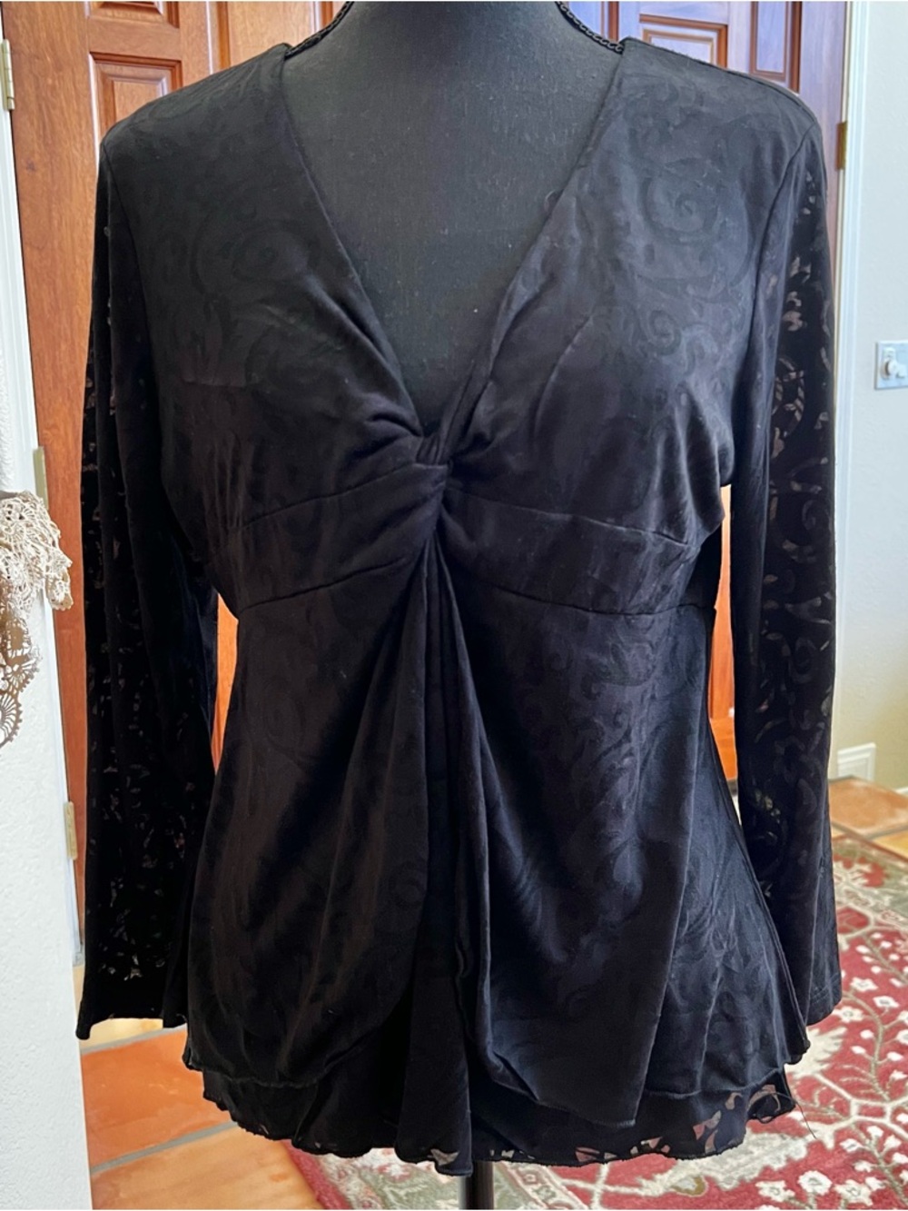 Me & Ko Womens Top Black Lace Sheer Trim Long Sleeve Boho Y2K Size Large